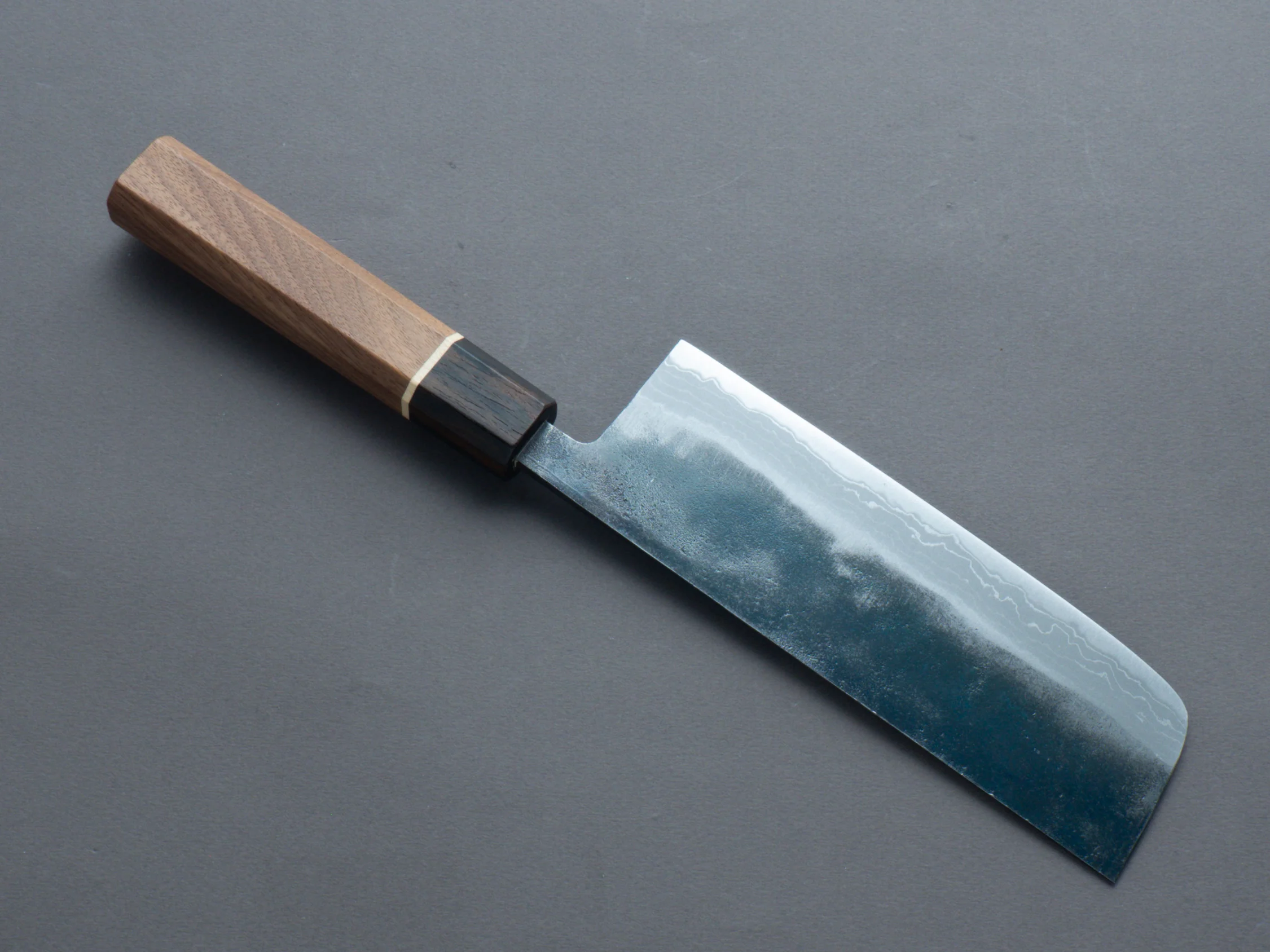 Hitohira - Echizen NB - Kurouchi Damascus - White #2 - Nakiri - 165mm - Walnut Handle (ziricote ferrule) - Image 2