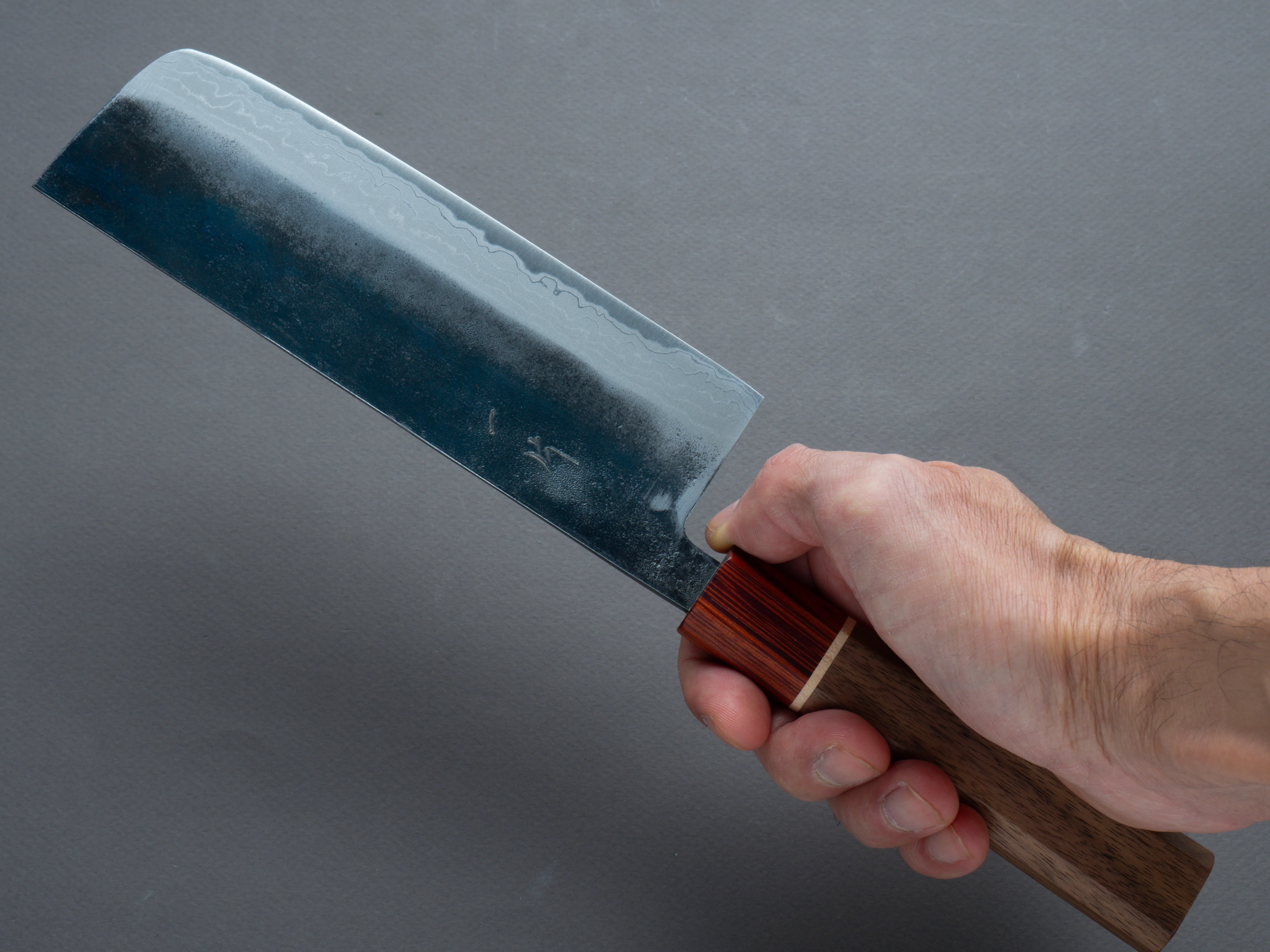 Hitohira - Echizen NB - White #2 - Kurouchi Damascus - Nakiri - 165mm - Walnut Handle (Rengas Ferrule) - Image 7