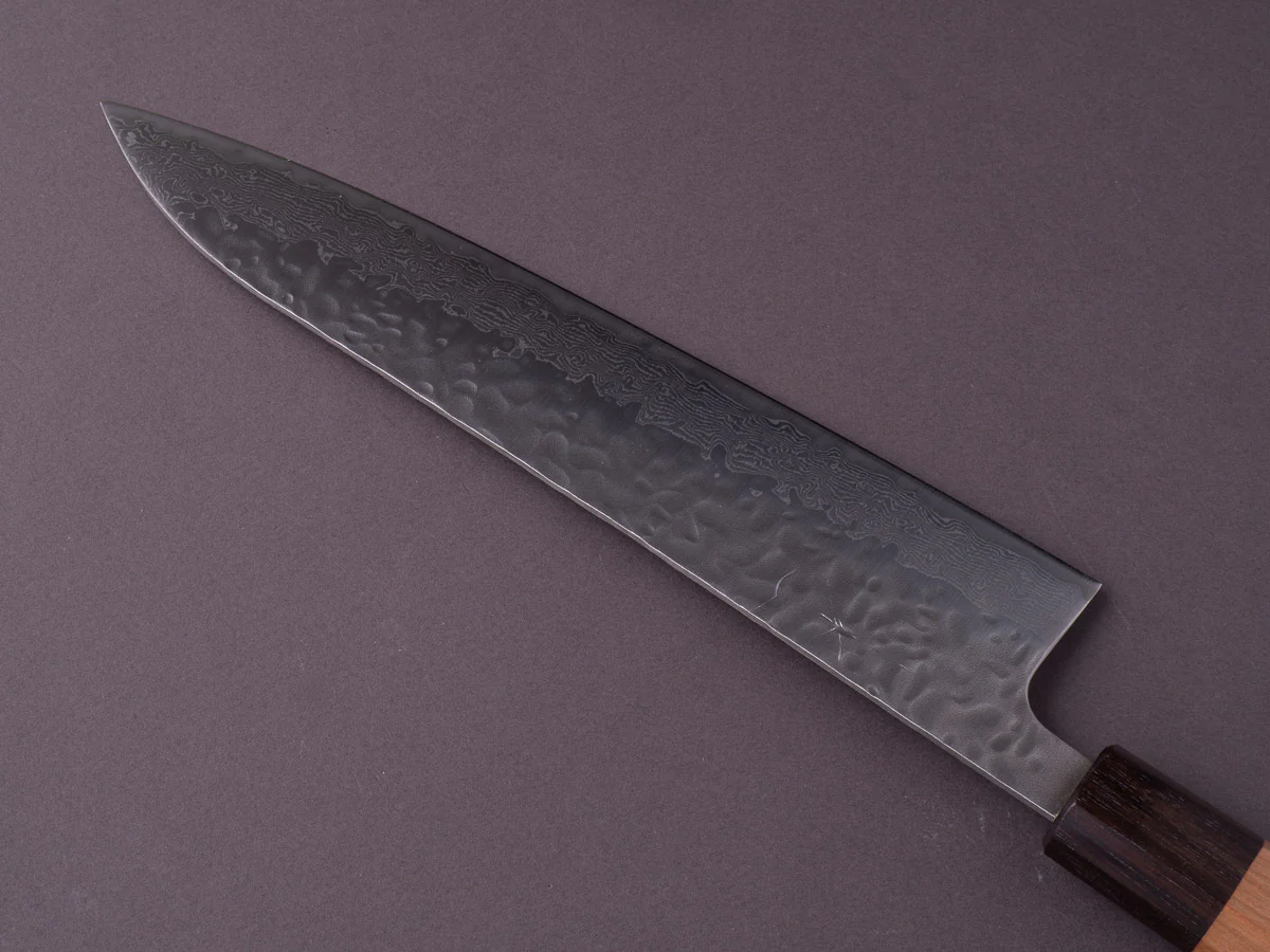 Hitohira - Futana Stainless - Tsuchime Damascus - 210mm Gyuto - Cherry & Ebony Handle - Image 4