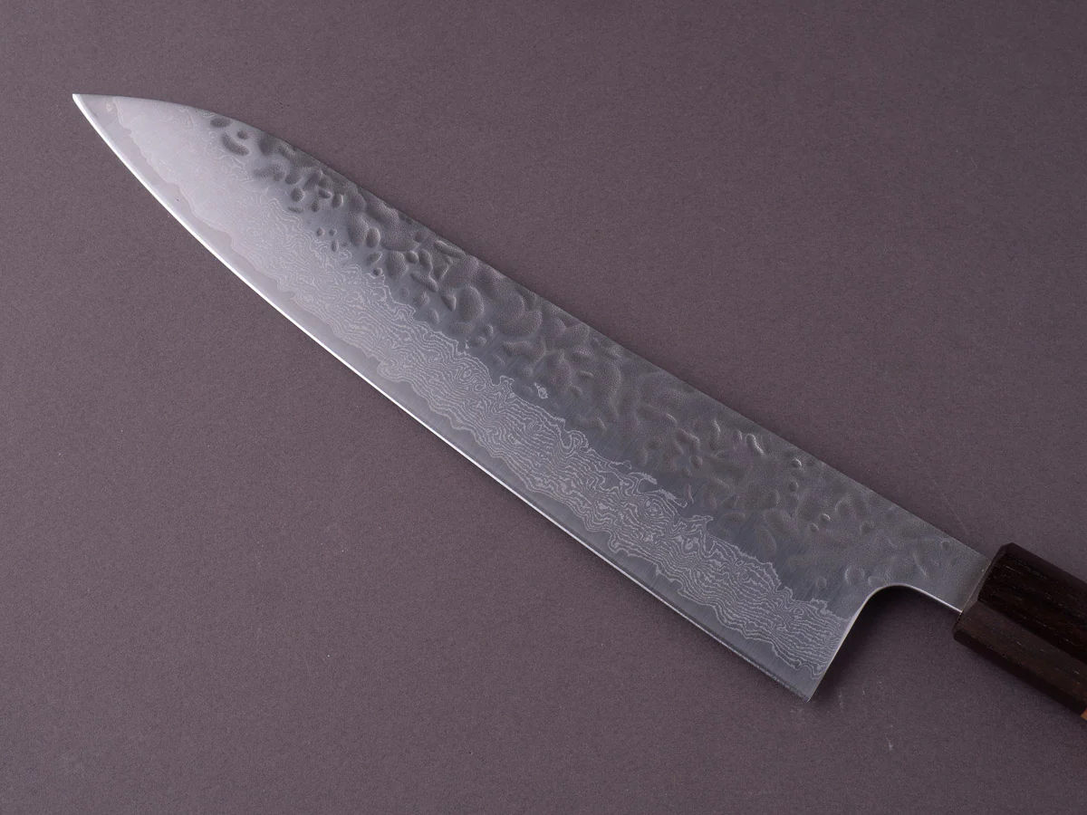 Hitohira - Futana Stainless - Tsuchime Damascus - 210mm Gyuto - Cherry & Ebony Handle - Image 5