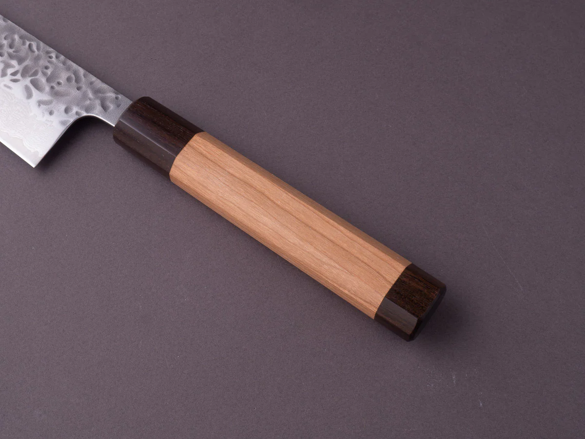 Hitohira - Futana Stainless - Tsuchime Damascus - 210mm Gyuto - Cherry & Ebony Handle - Image 6