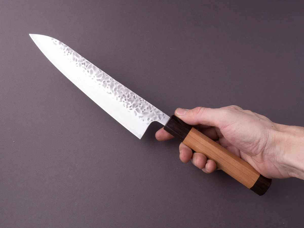 Hitohira - Futana Stainless - Tsuchime Damascus - 210mm Gyuto - Cherry & Ebony Handle - Image 7