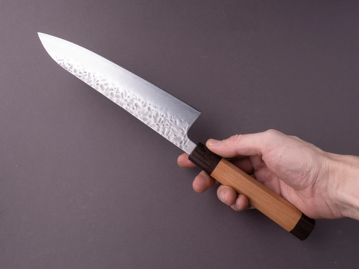 Hitohira - Futana Stainless - Tsuchime Damascus - 210mm Gyuto - Cherry & Ebony Handle - Image 8