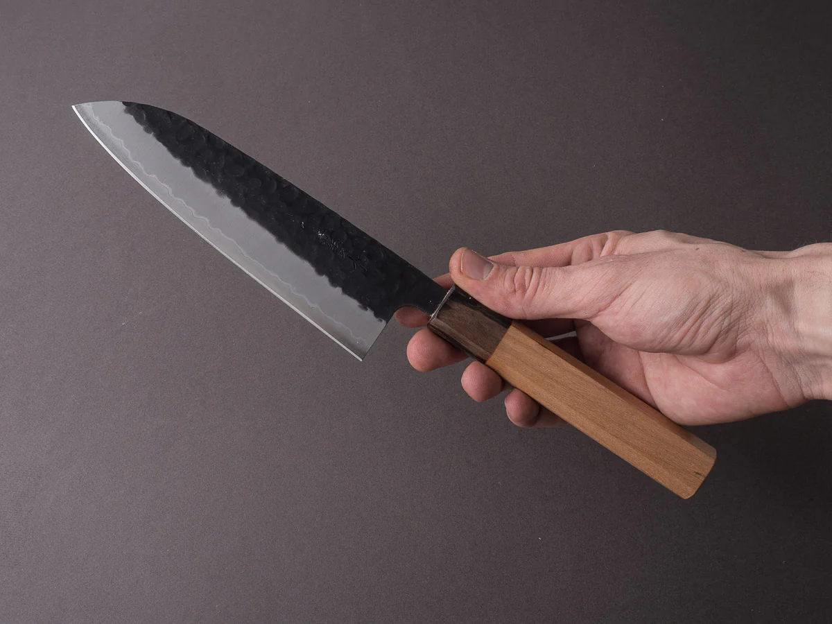 Hitohira - Futana - Super Blue - Kurouchi Tsuchime - 170mm Santoku - Cherry Wood Handle - Image 8