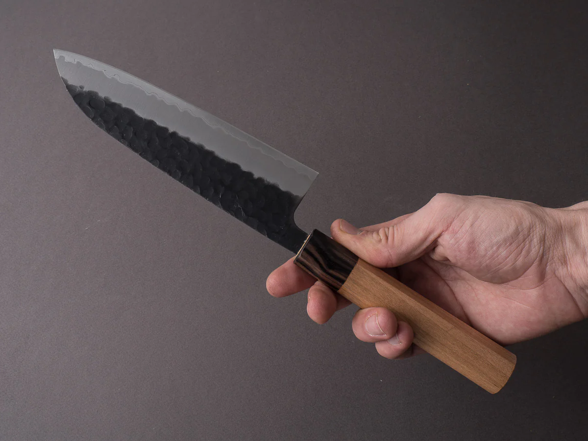 Hitohira - Futana - Super Blue - Kurouchi Tsuchime - 170mm Santoku - Cherry Wood Handle - Image 9