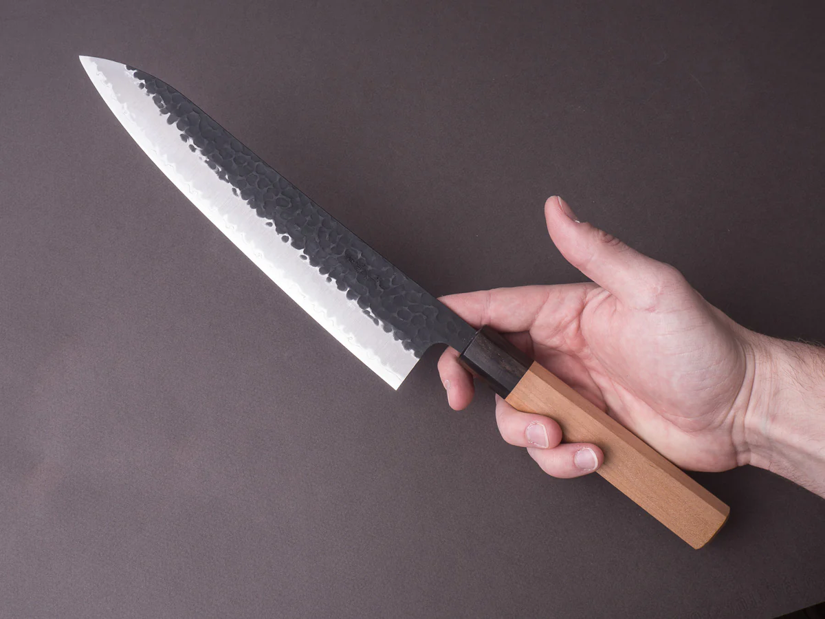 Hitohira - Futana - Super Blue - Kurouchi Tsuchime - 240mm Gyuto - Cherry Handle - Image 6