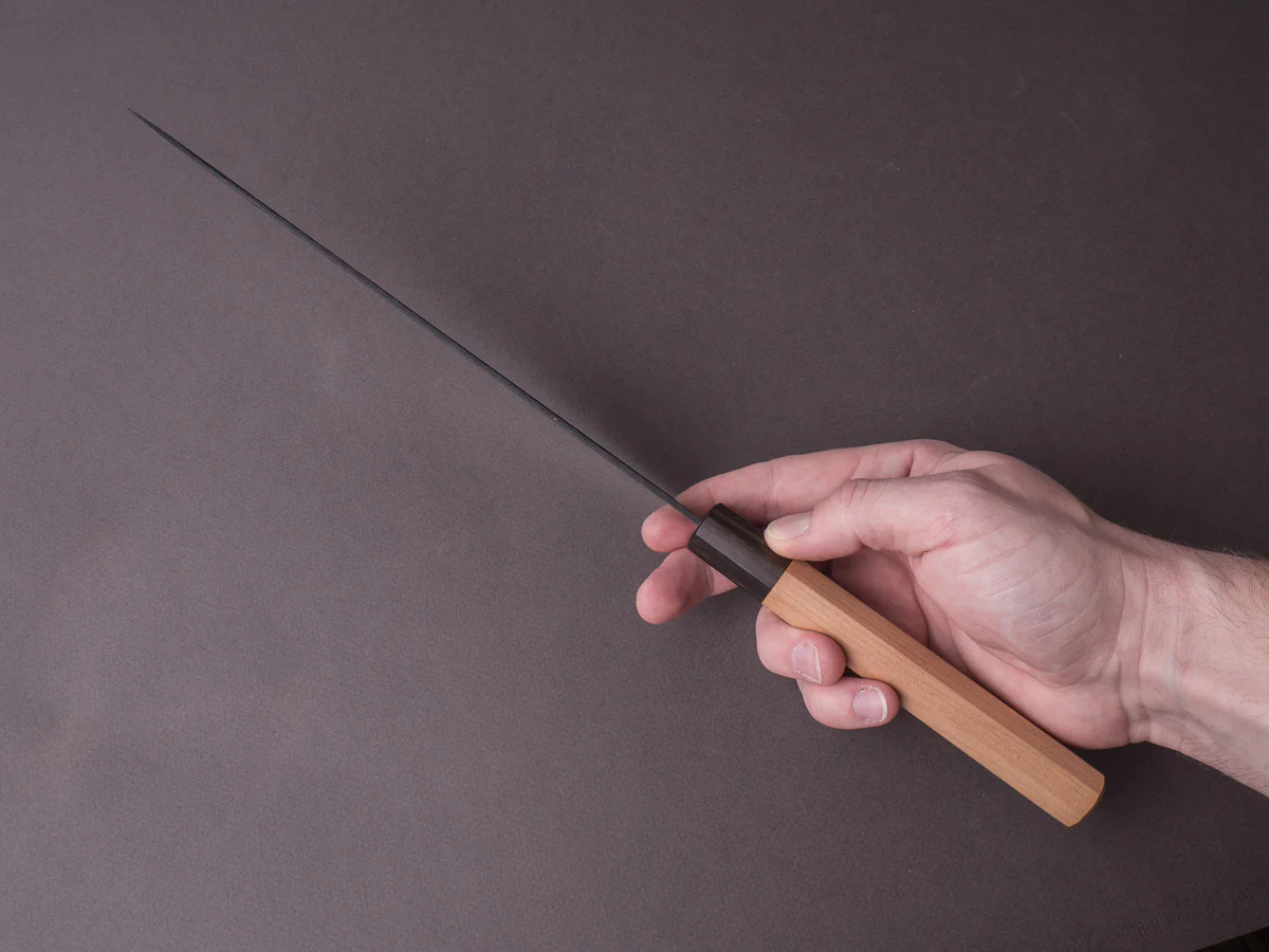 Hitohira - Futana - Super Blue - Kurouchi Tsuchime - 240mm Gyuto - Cherry Handle - Image 8