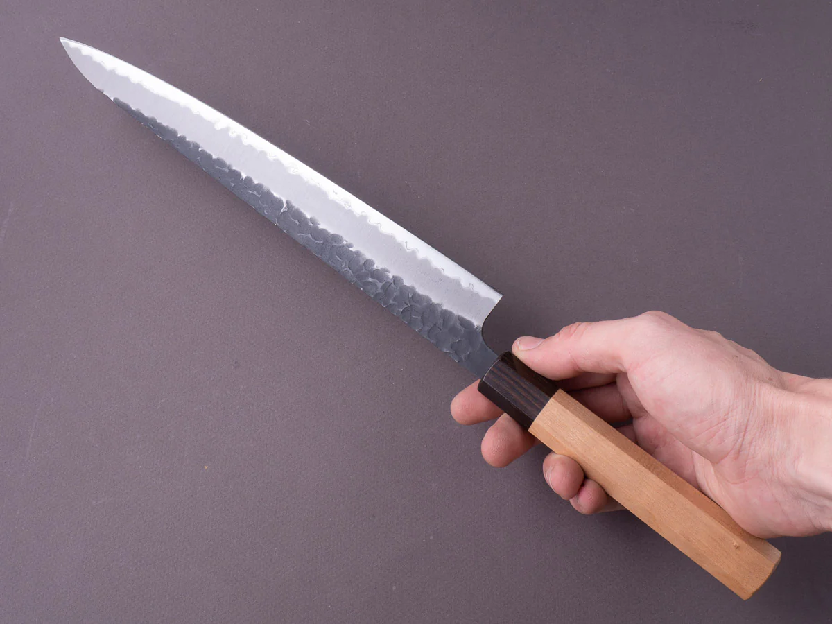 Hitohira - Futana - Super Blue - Kurouchi Tsuchime - 270mm Sujihiki - Cherry Handle - Image 7