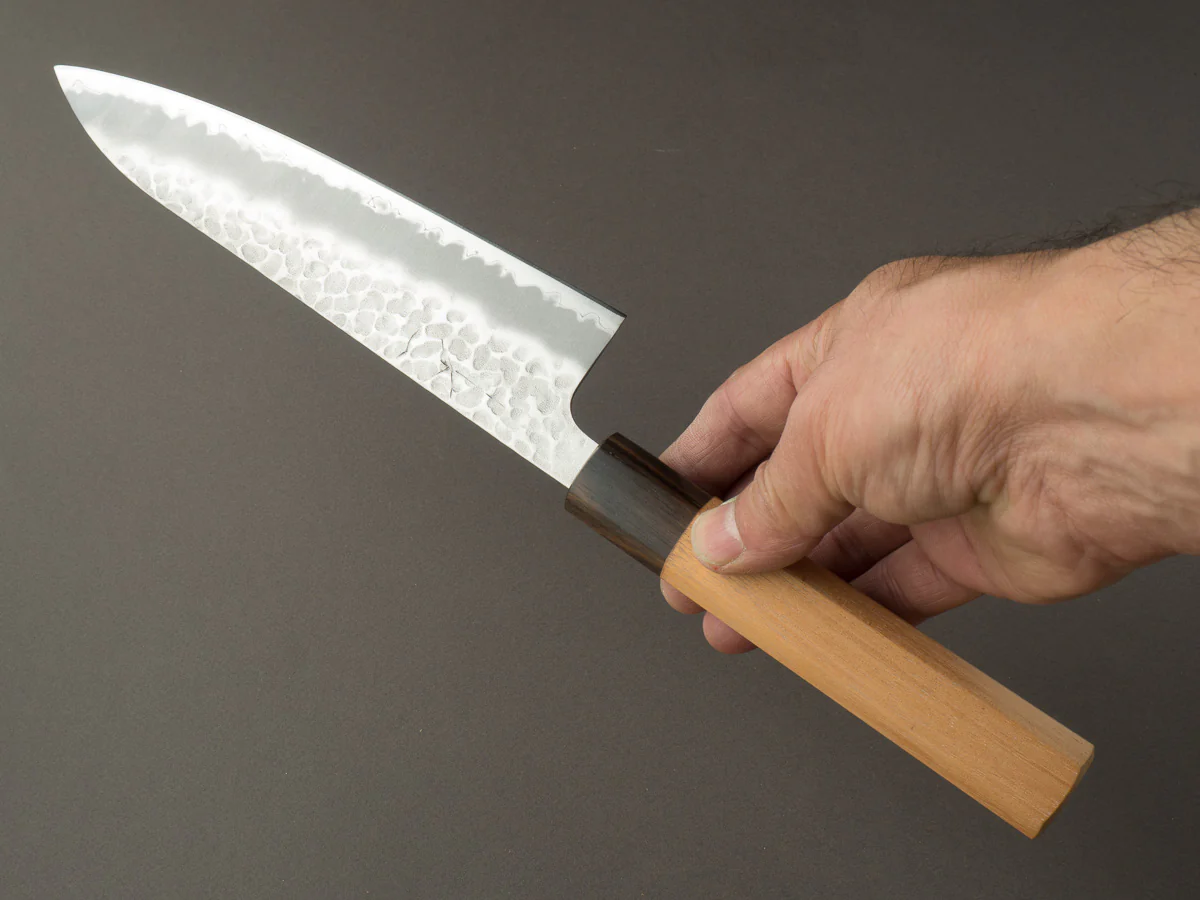 Hitohira - Futana - Super Blue - Migaki Tsuchime - 180mm Gyuto - Cherry Handle - Image 6