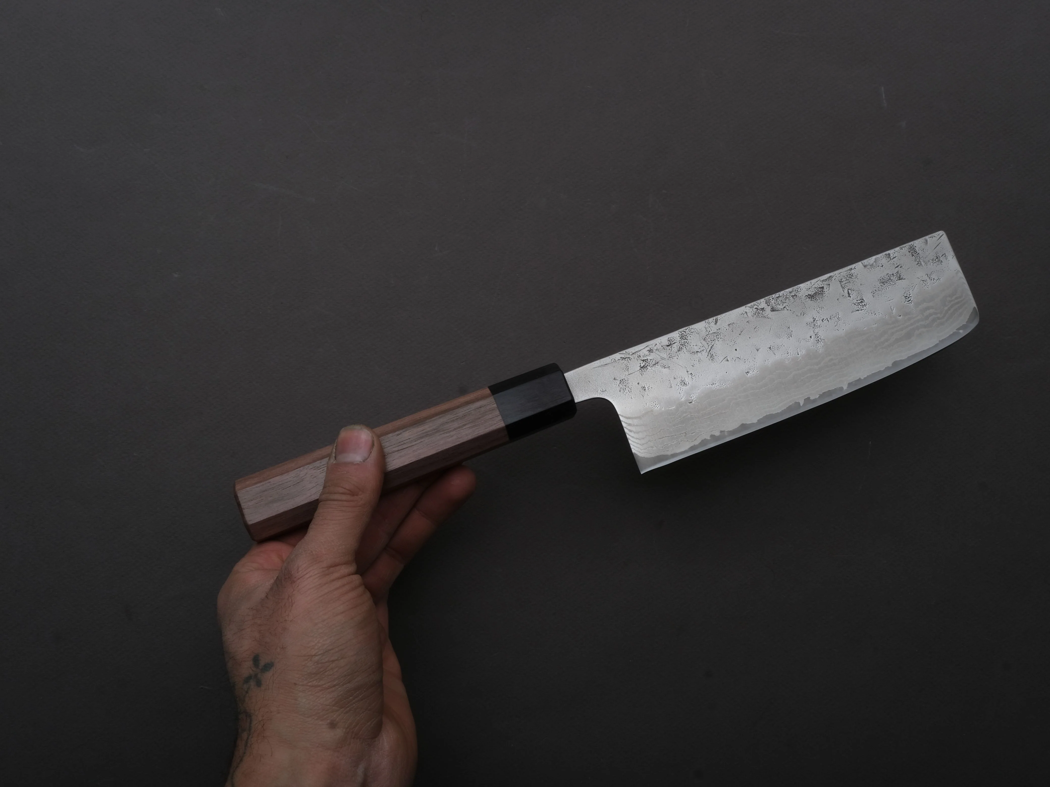 Hitohira - Futana - Swedish Stainless - Nashiji Damascus - Nakiri - 165mm - Walnut Handle - Image 3