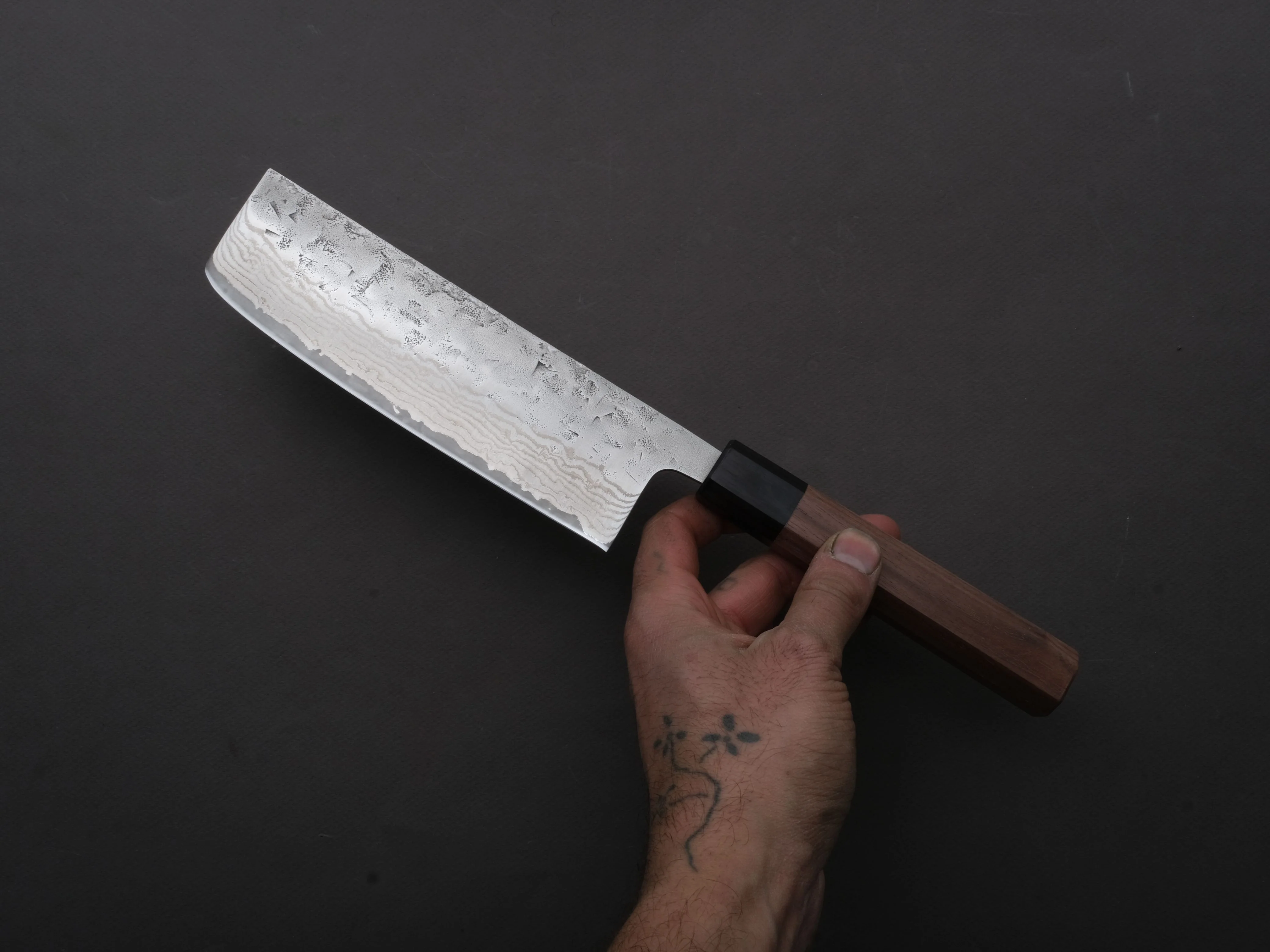 Hitohira - Futana - Swedish Stainless - Nashiji Damascus - Nakiri - 165mm - Walnut Handle - Image 4