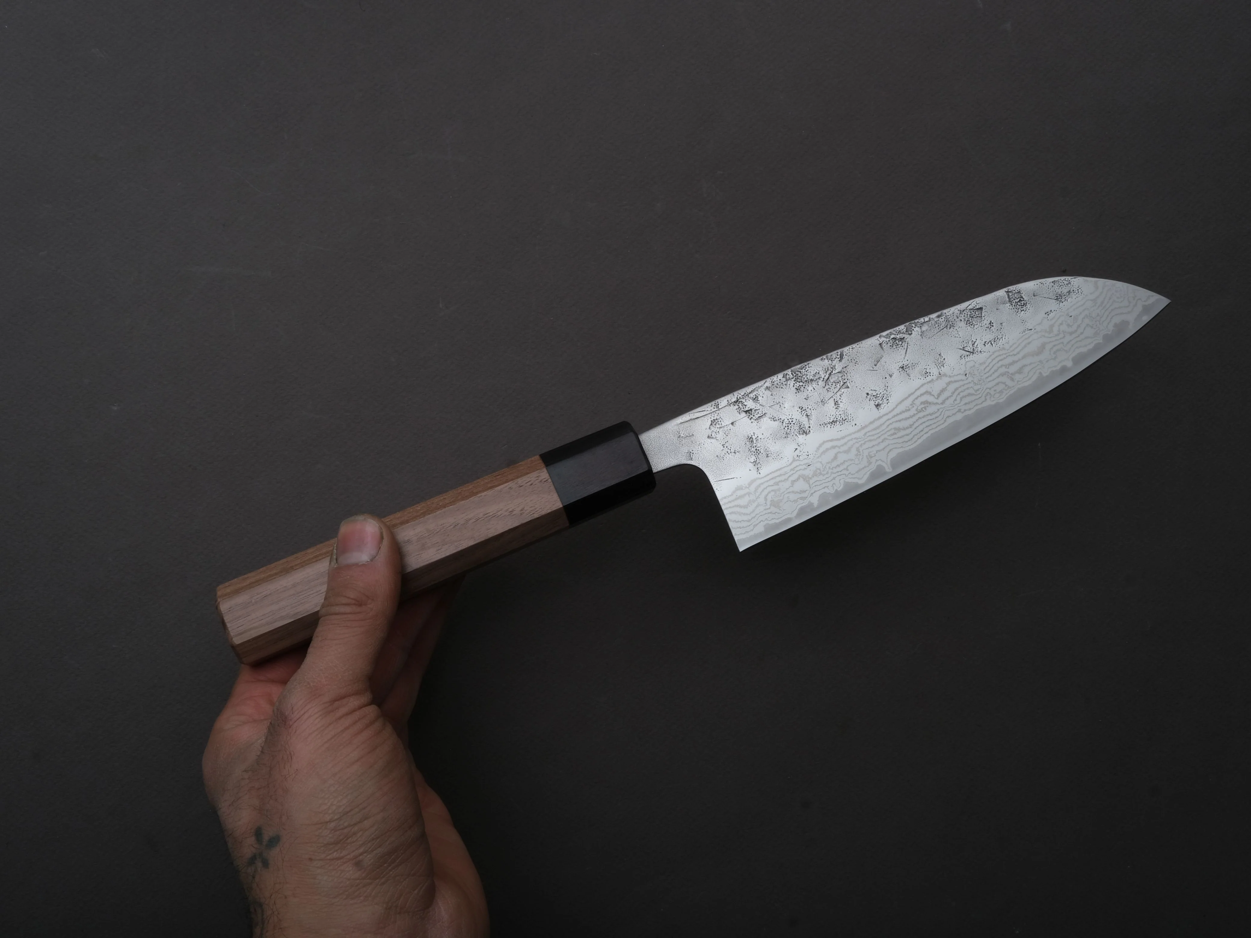 Hitohira - Futana - Swedish Stainless - Nashiji Damascus - Santoku - 170mm - Walnut Handle - Image 3