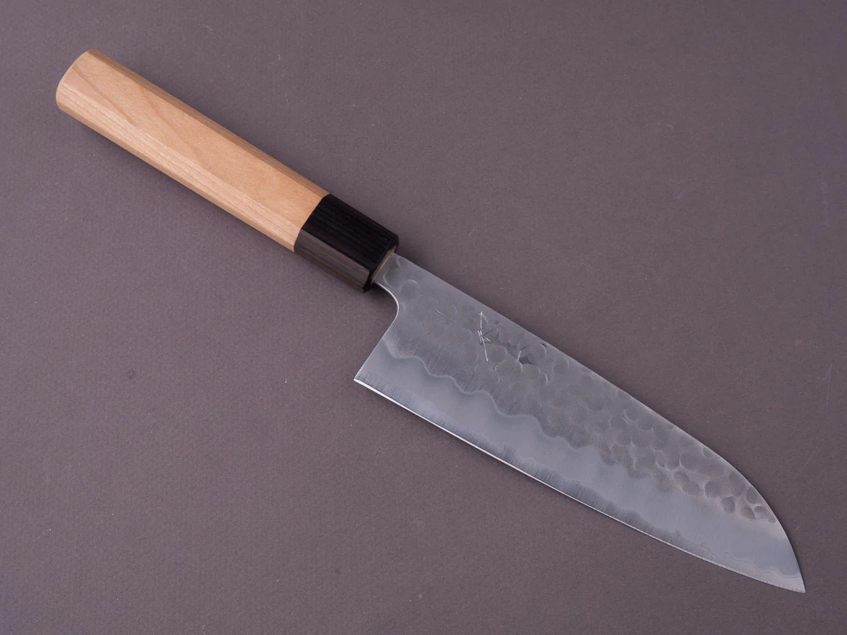 Hitohira - Futana - White #2 Stainless Clad - Migaki Tsuchime - 170mm Santoku - Cherry Handle