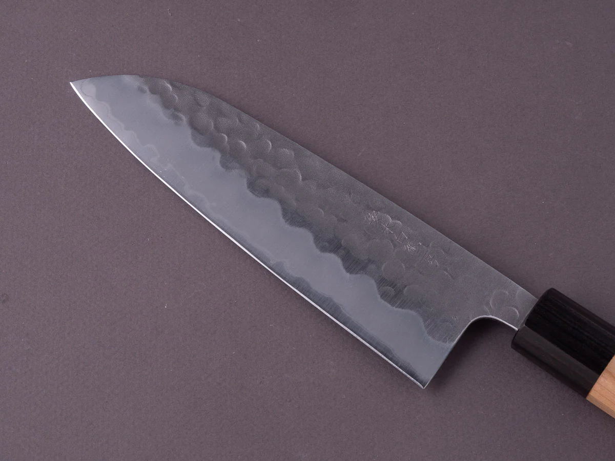 Hitohira - Futana - White #2 Stainless Clad - Migaki Tsuchime - 170mm Santoku - Cherry Handle - Image 5