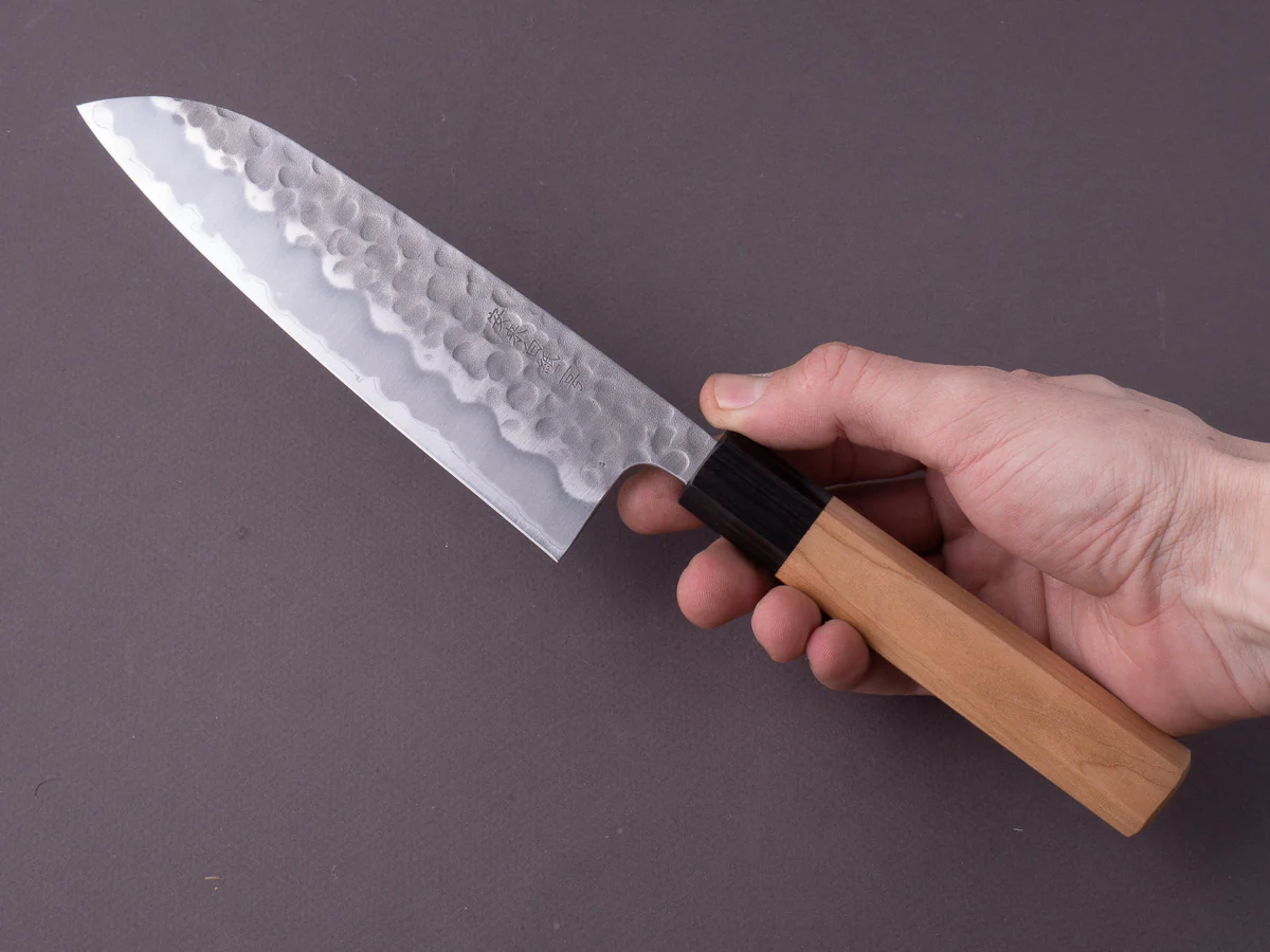 Hitohira - Futana - White #2 Stainless Clad - Migaki Tsuchime - 170mm Santoku - Cherry Handle - Image 7
