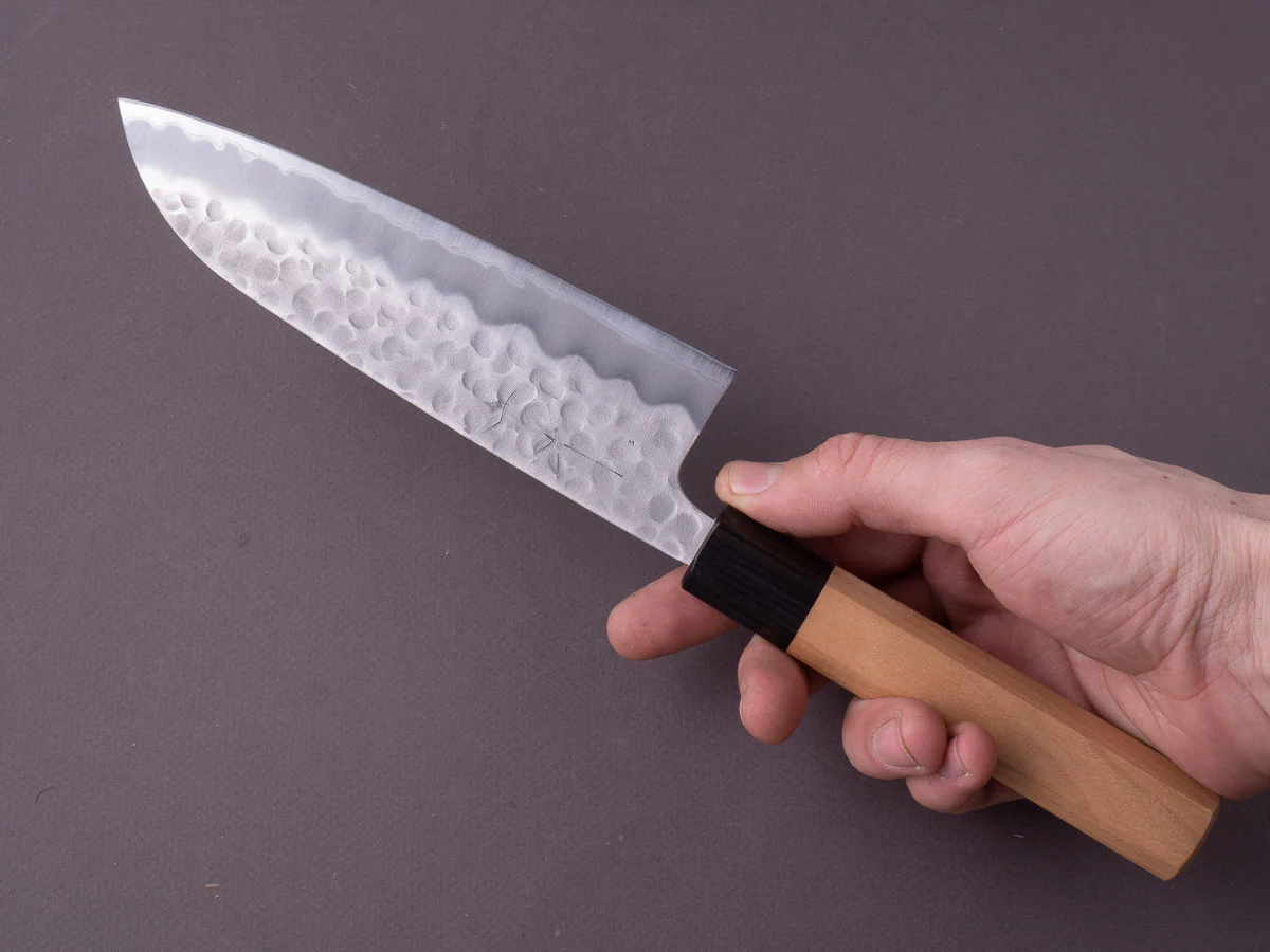 Hitohira - Futana - White #2 Stainless Clad - Migaki Tsuchime - 170mm Santoku - Cherry Handle - Image 8