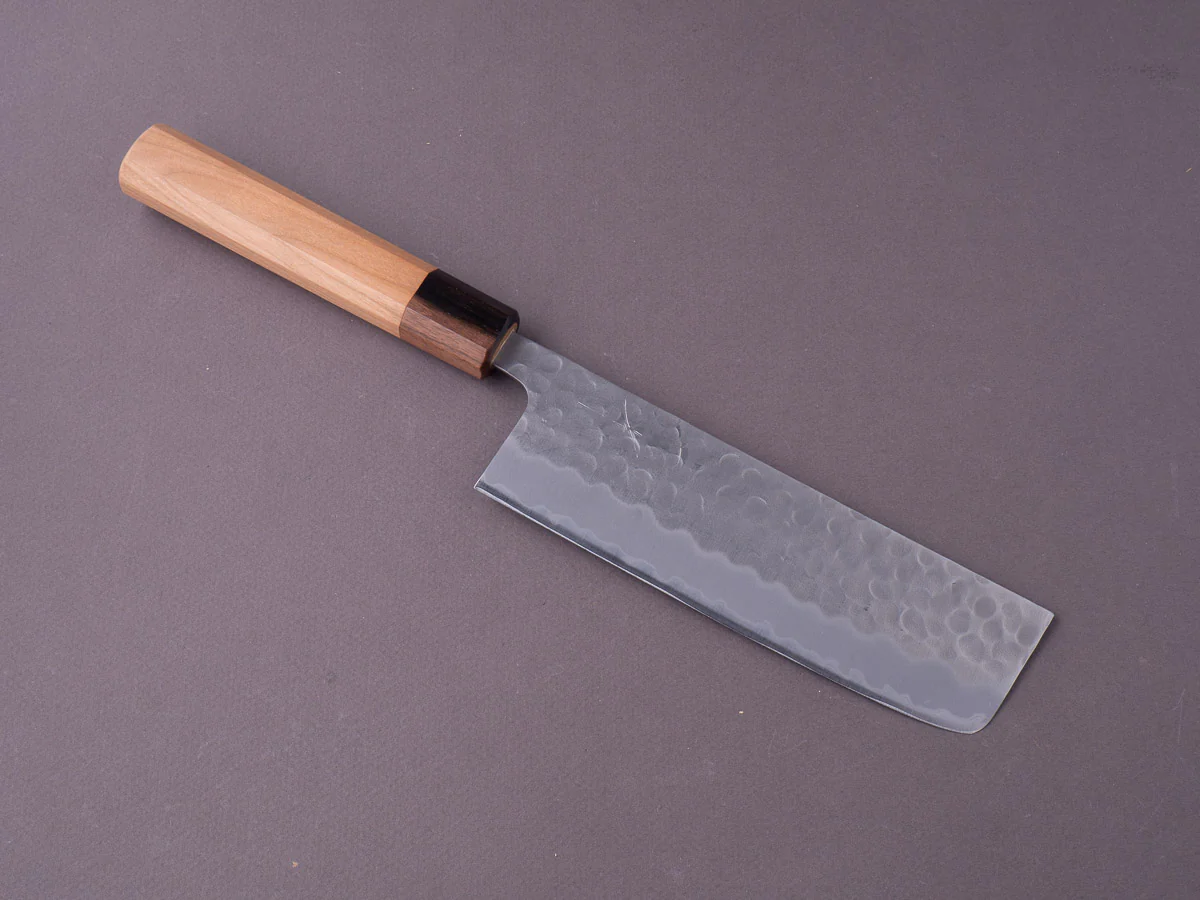 Hitohira - Futana - White #2 Stainless Clad - Migaki Tsuchime - 165mm Nakiri - Cherry Handle