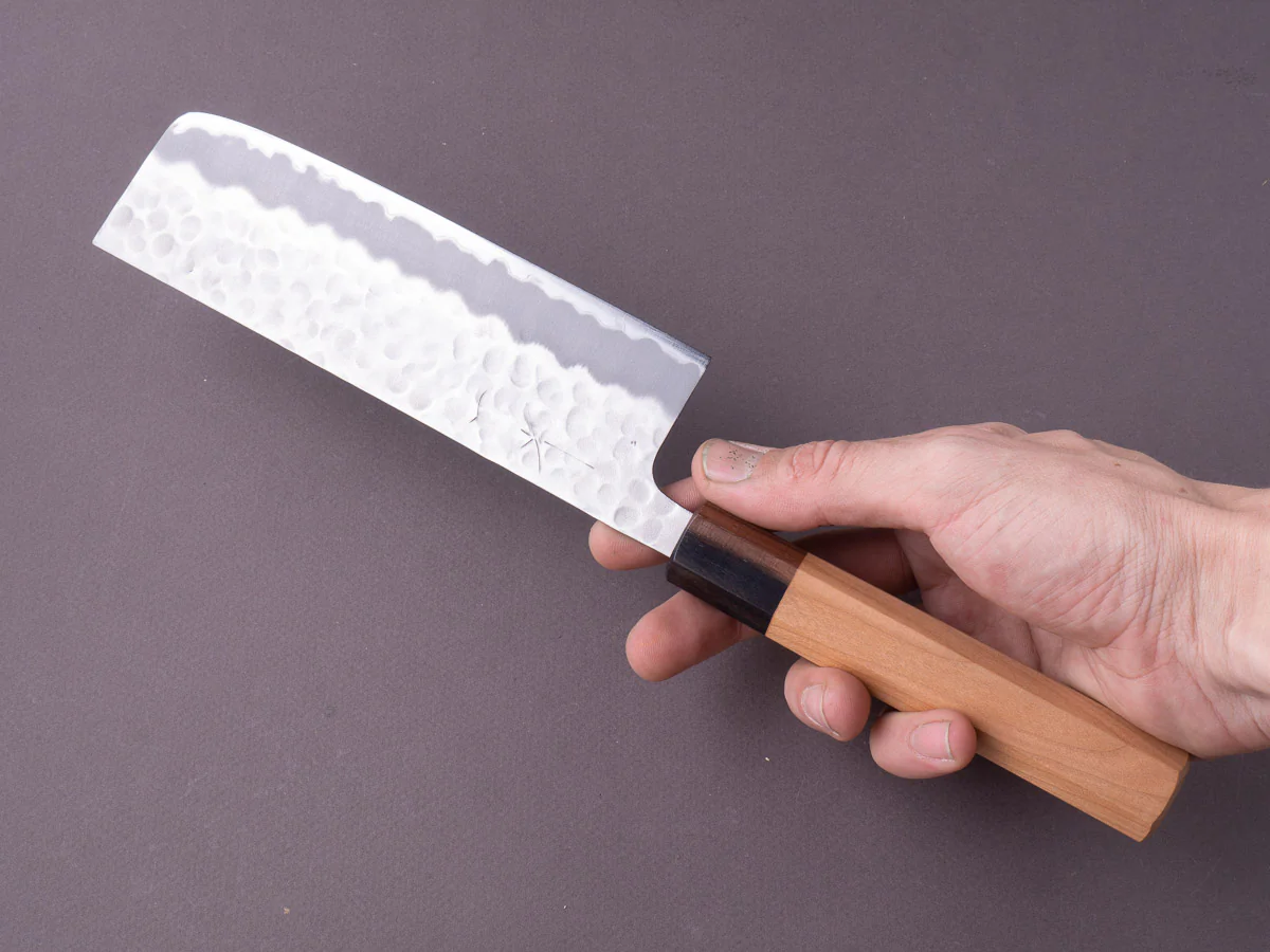 Hitohira - Futana - White #2 Stainless Clad - Migaki Tsuchime - 165mm Nakiri - Cherry Handle - Image 6
