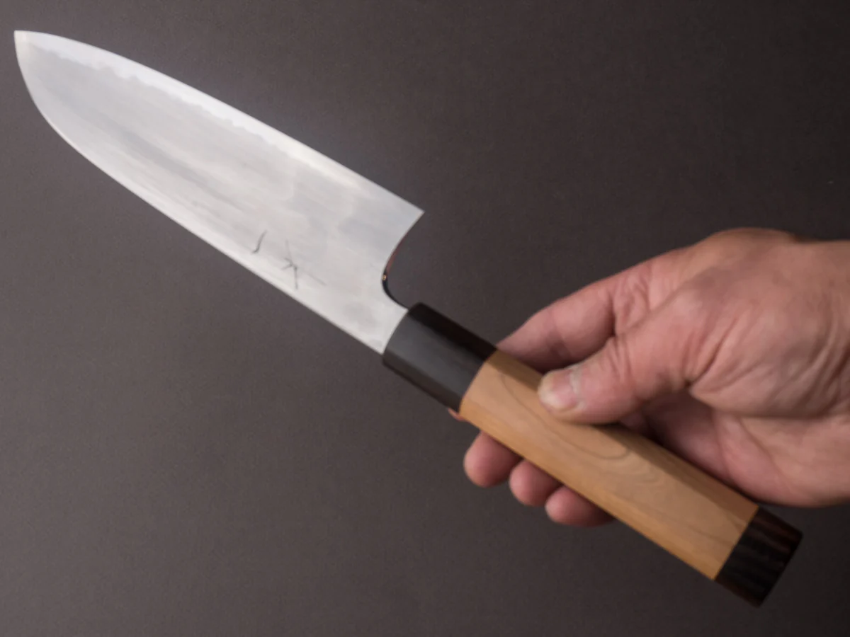 Hitohira - Gorobei x Rikichi - Blue #2 - Kasumi - 165mm Santoku - Cherry & Ebony Handle - Image 5