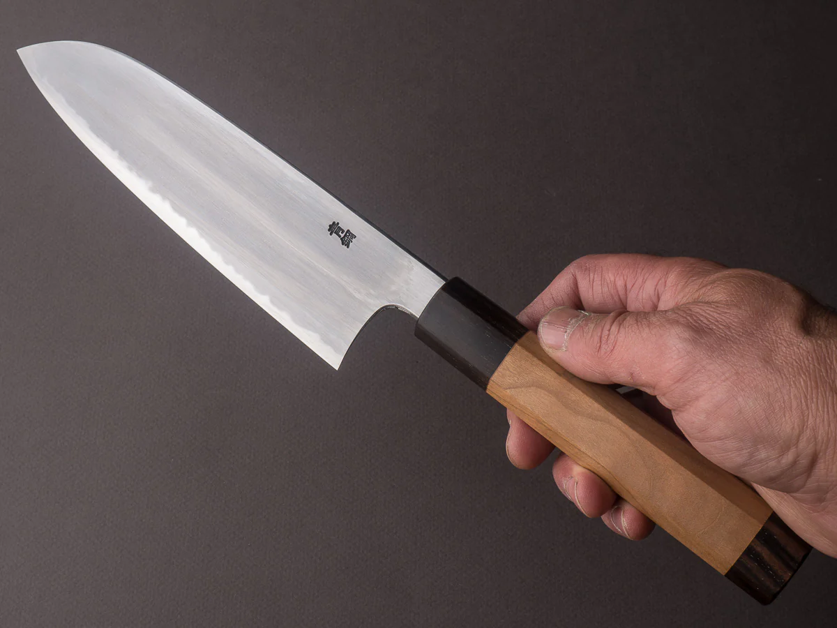 Hitohira - Gorobei x Rikichi - Blue #2 - Kasumi - 165mm Santoku - Cherry & Ebony Handle - Image 6