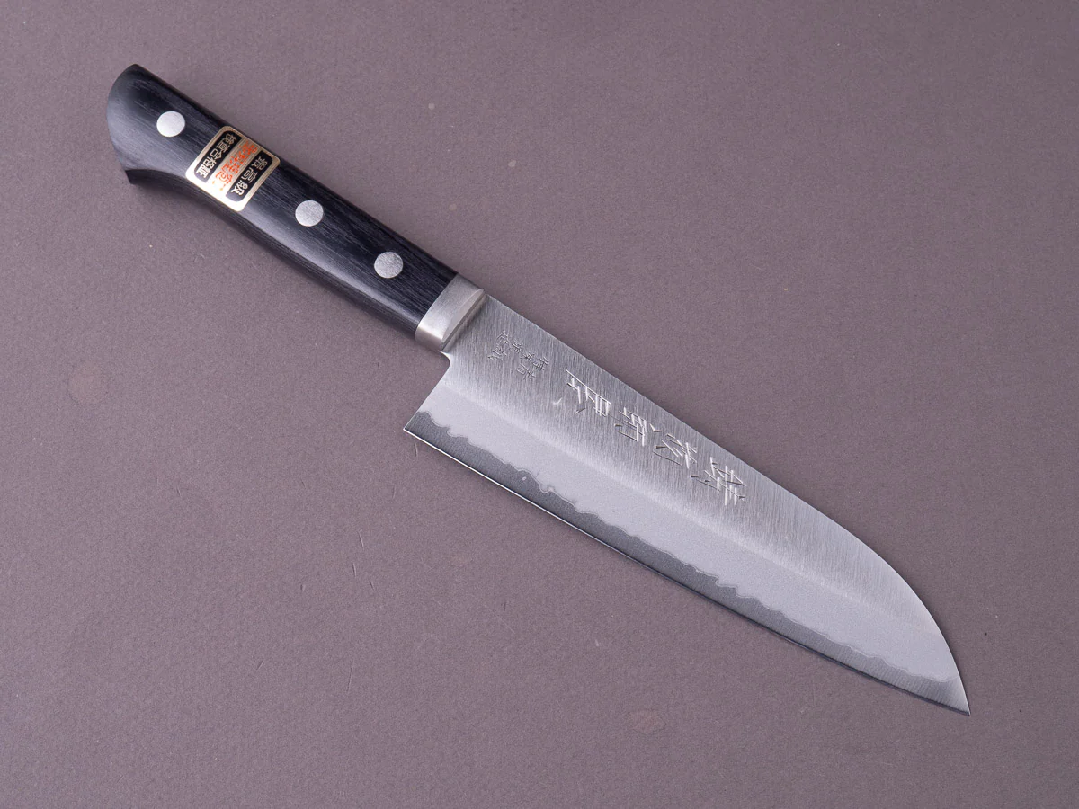 Hitohira - Imojiya MZ - Blue #2 Stainless Clad - Santoku - 145mm - Black Western Handle