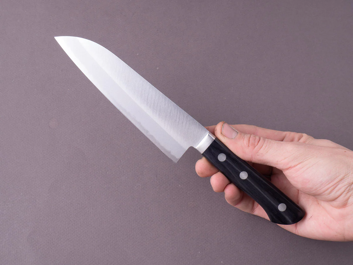 Hitohira - Imojiya MZ - Blue #2 Stainless Clad - Santoku - 145mm - Black Western Handle - Image 6