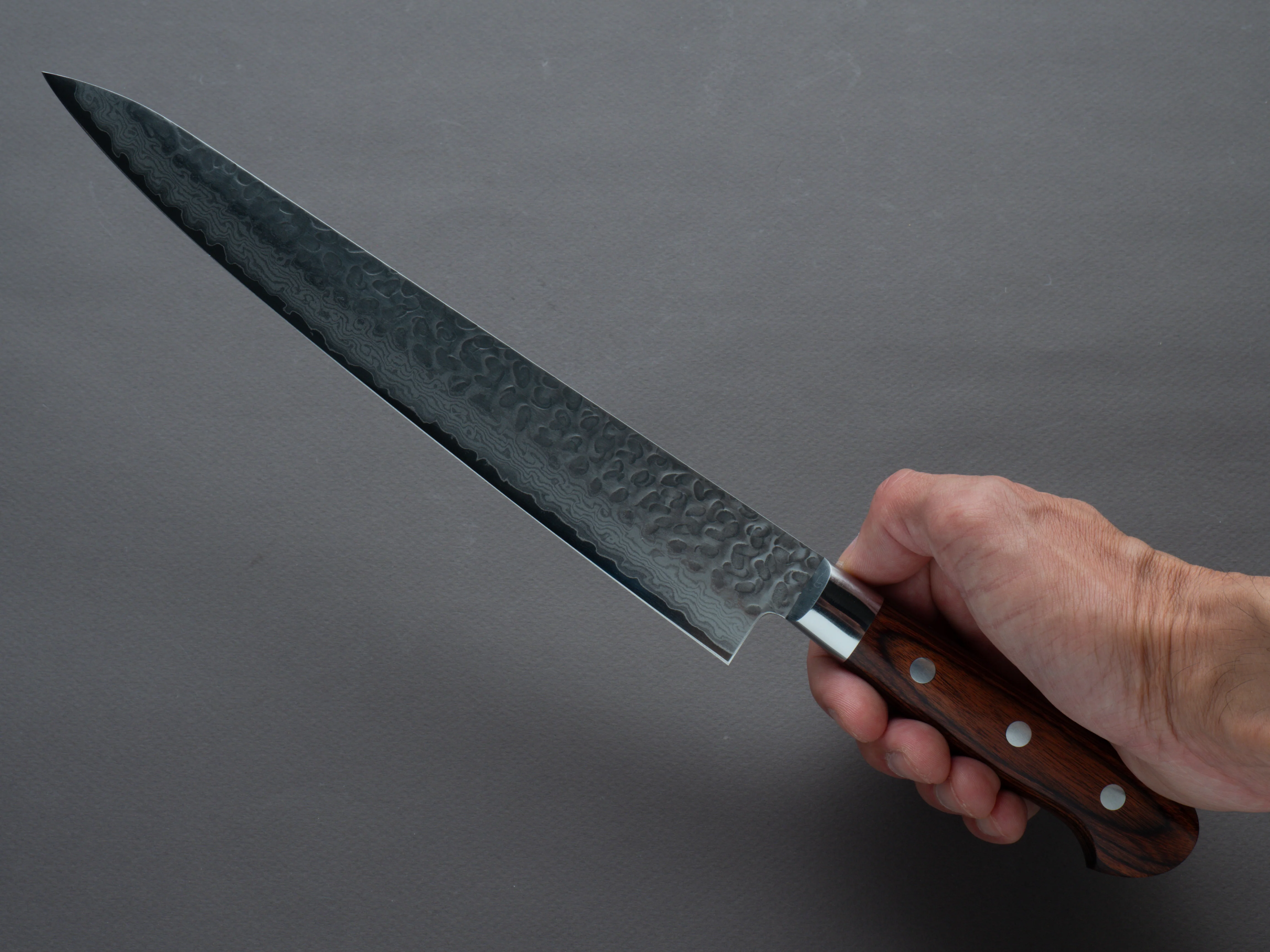 Hitohira - Imojiya ST - VG10 - Tsuchime Damascus - 240mm Sujihiki - Western Handle - Image 6