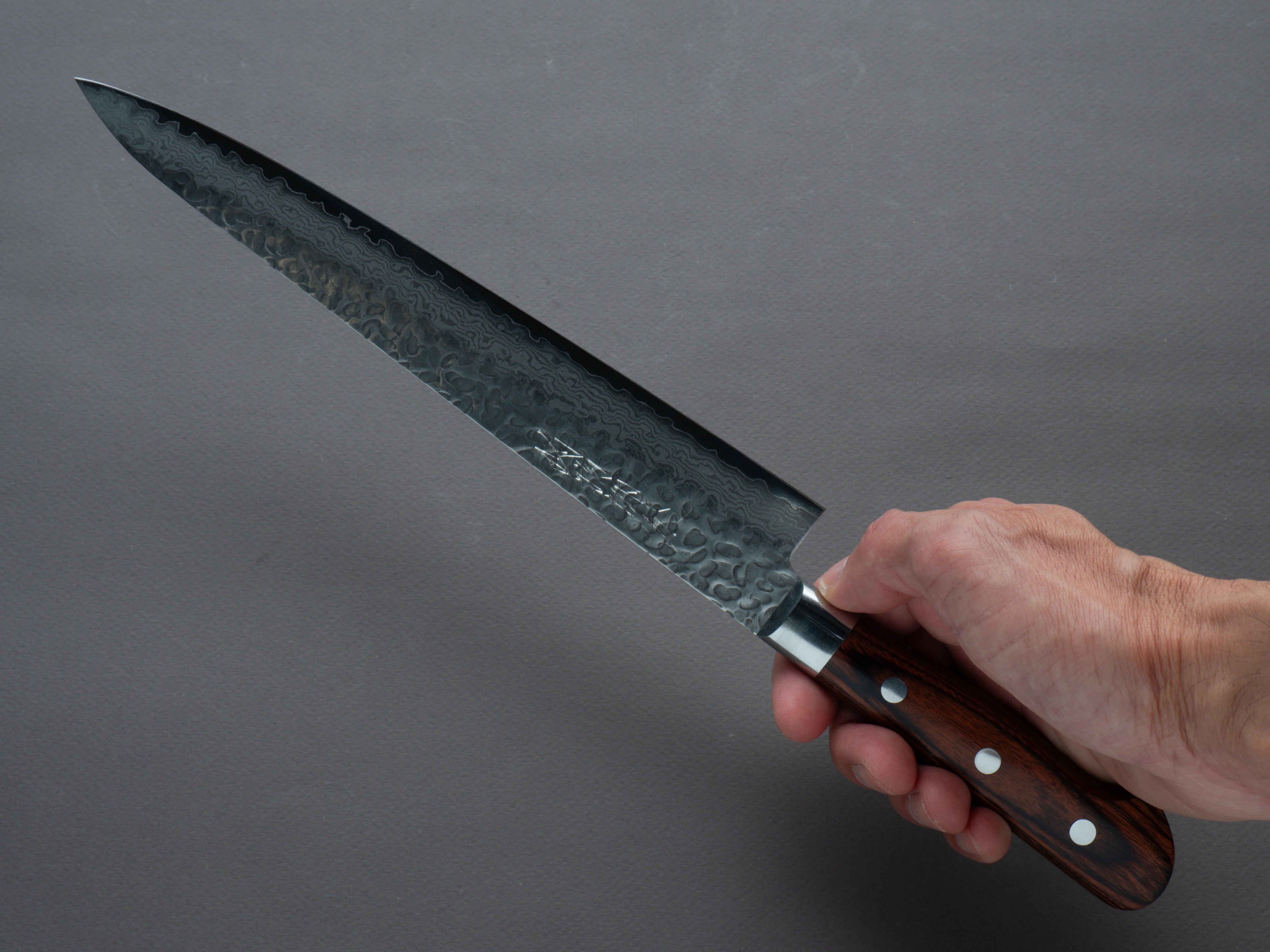 Hitohira - Imojiya ST - VG10 - Tsuchime Damascus - 240mm Sujihiki - Western Handle - Image 7