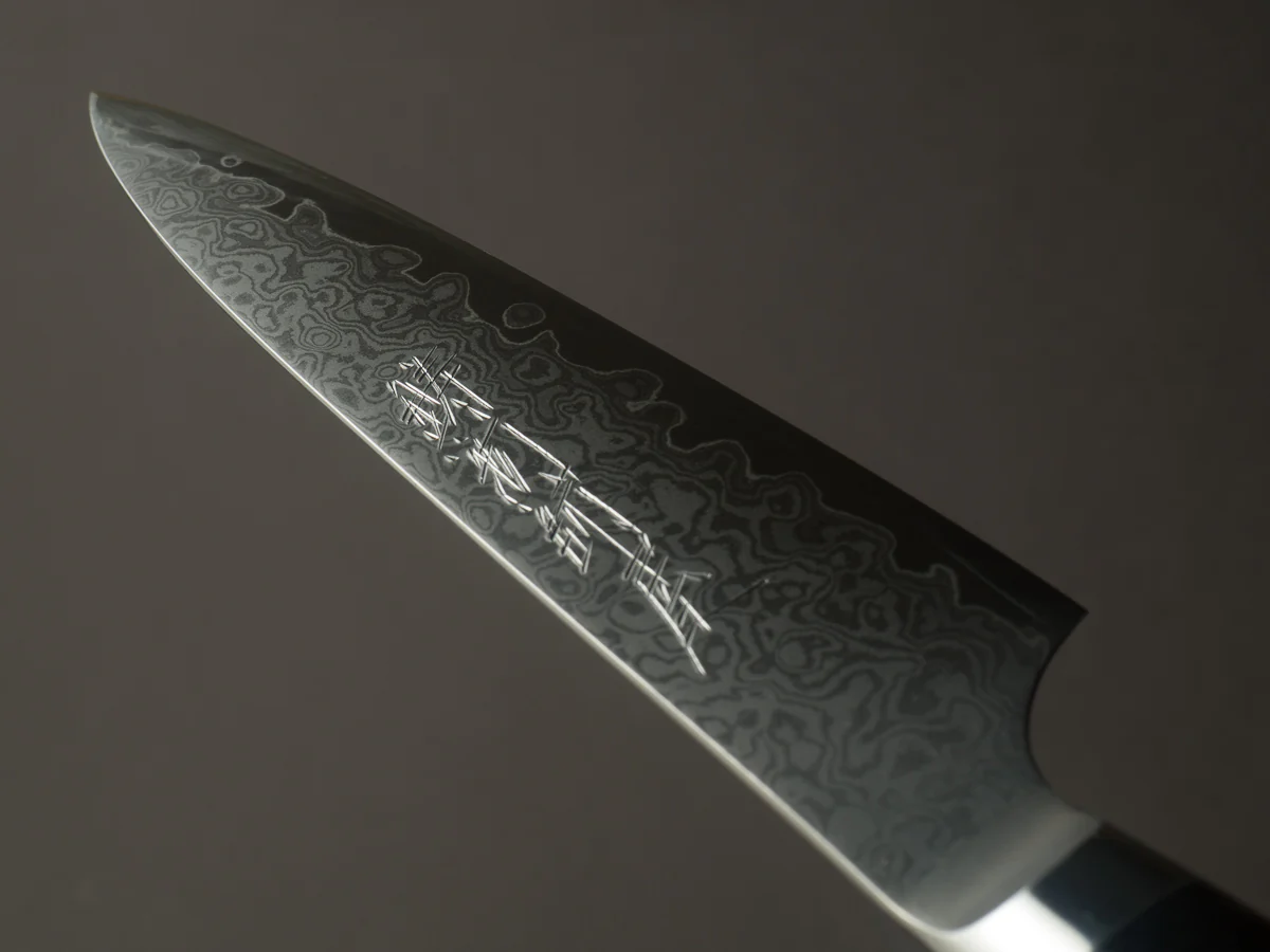 Hitohira - Imojiya TH - VG10 - Damascus - Petty - 120mm - Linen Micarta Western Handle - Image 11