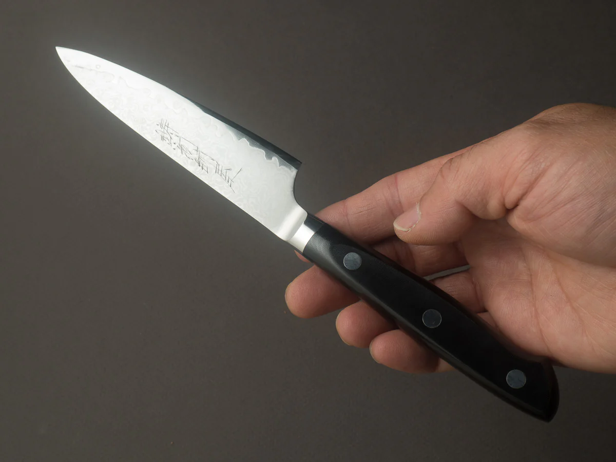 Hitohira - Imojiya TH - VG10 - Damascus - Petty - 120mm - Linen Micarta Western Handle - Image 5