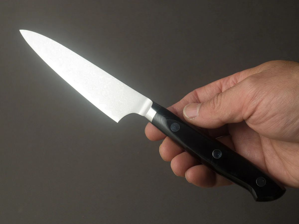Hitohira - Imojiya TH - VG10 - Damascus - Petty - 120mm - Linen Micarta Western Handle - Image 6