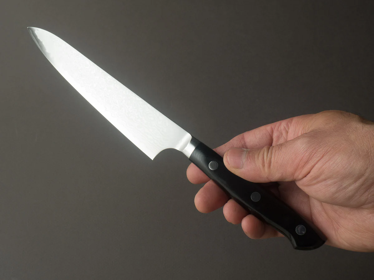 Hitohira - Imojiya TH - VG10 - Damascus - Petty - 150mm - Linen Micarta Western Handle - Image 6