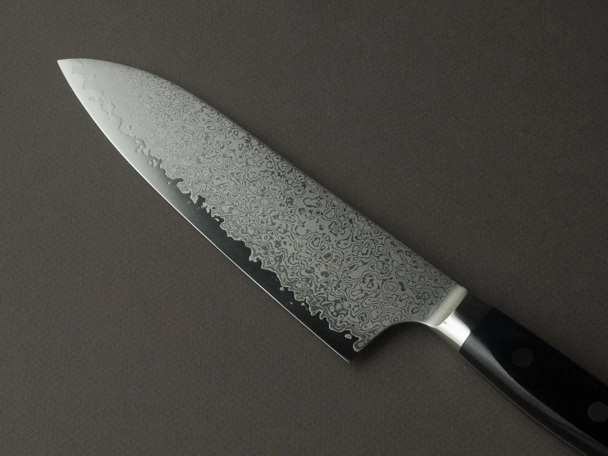 Hitohira - Imojiya TH - VG10 - Damascus - Santoku - 180mm - Linen Micarta Western Handle - Image 3