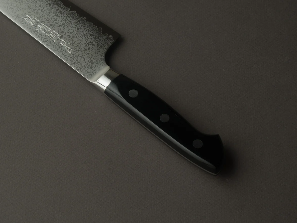 Hitohira - Imojiya TH - VG10 - Damascus - Santoku - 180mm - Linen Micarta Western Handle - Image 4