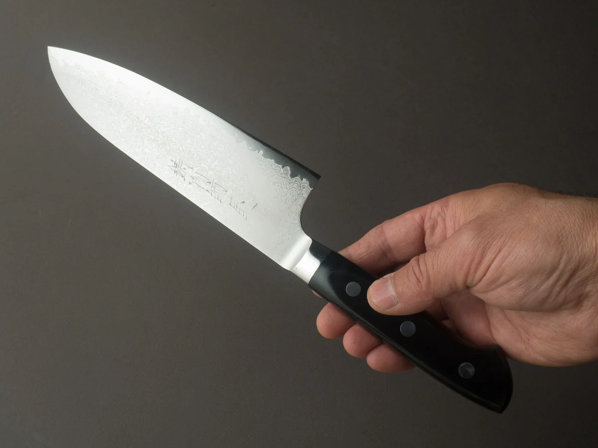 Hitohira - Imojiya TH - VG10 - Damascus - Santoku - 180mm - Linen Micarta Western Handle - Image 5