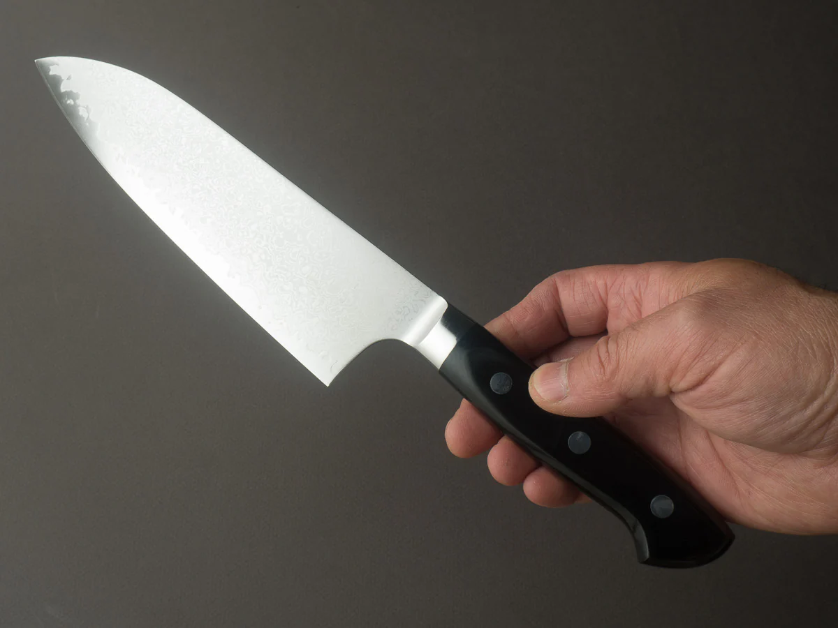 Hitohira - Imojiya TH - VG10 - Damascus - Santoku - 180mm - Linen Micarta Western Handle - Image 6