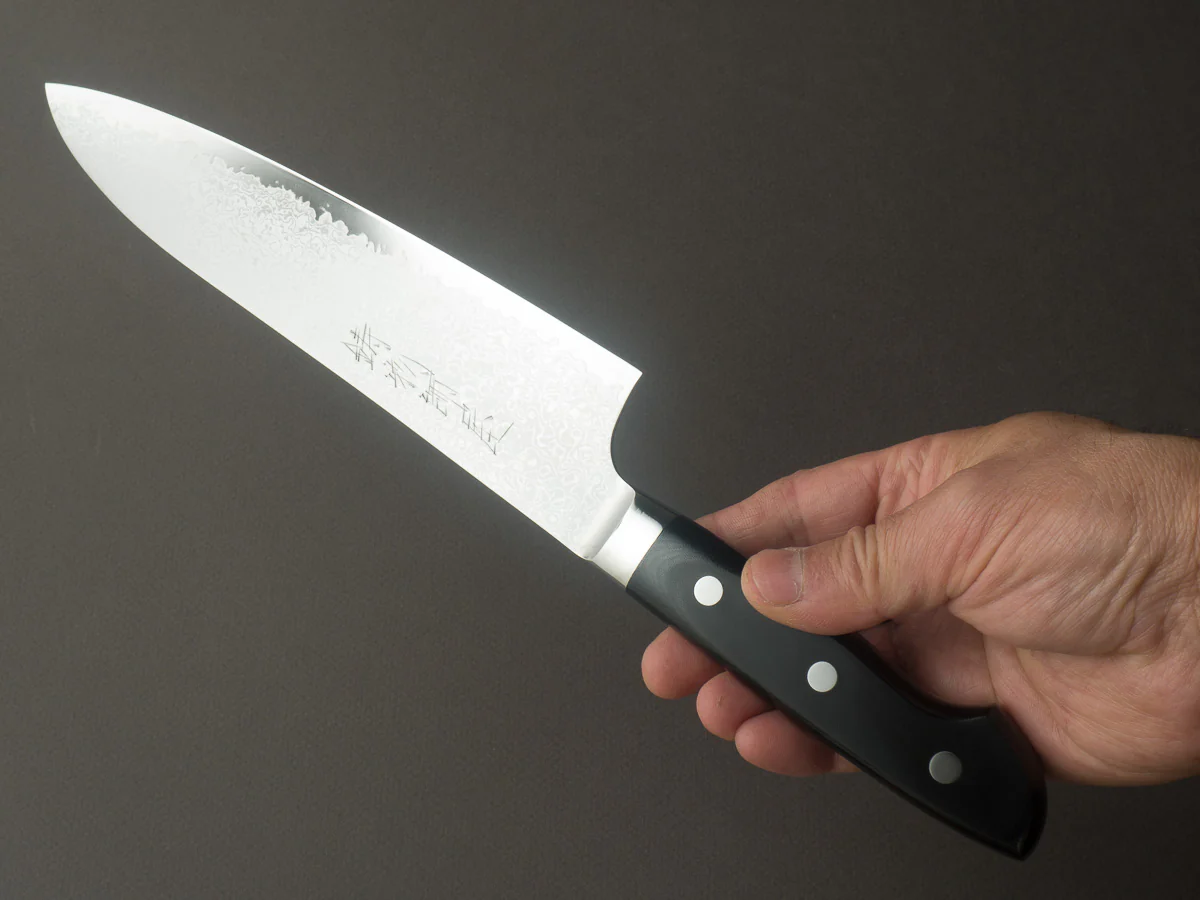 Hitohira - Imojiya TH - VG10 - Damascus - Gyuto - 210mm - Linen Micarta Western Handle - Image 5