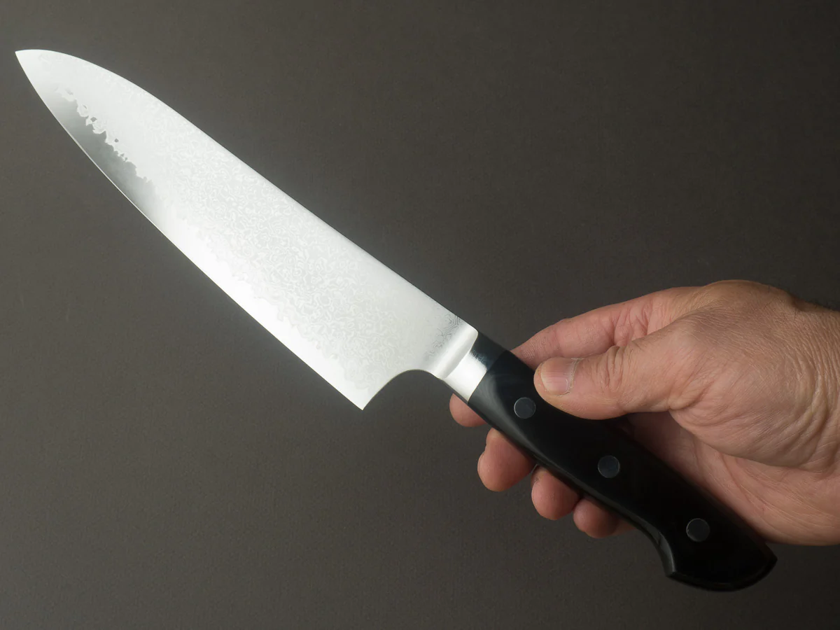 Hitohira - Imojiya TH - VG10 - Damascus - Gyuto - 210mm - Linen Micarta Western Handle - Image 6