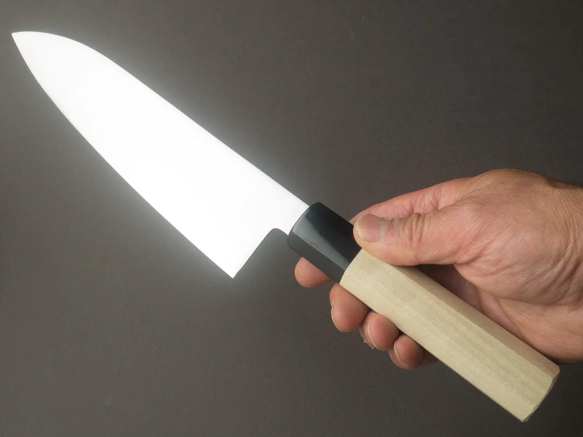 Hitohira - Imojiya TH - Super Blue Stainless Clad - 180mm Santoku - Ho Wood Handle - Image 6
