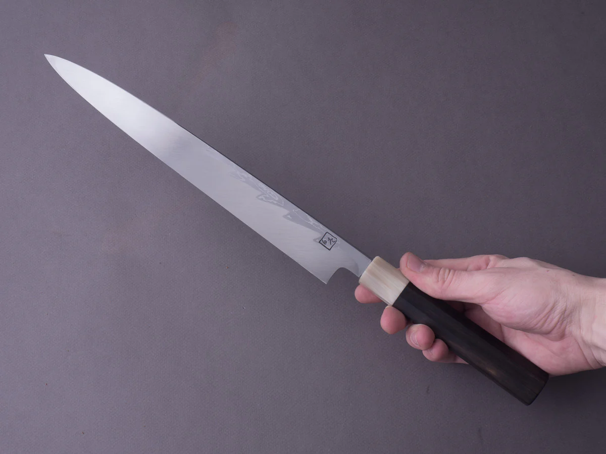Hitohira - Kikuchiyo x Mosuke - White #1 Enmon Damascus - 300mm Yanagiba - Ebony Handle - Mirror Polished - Saya - Image 10