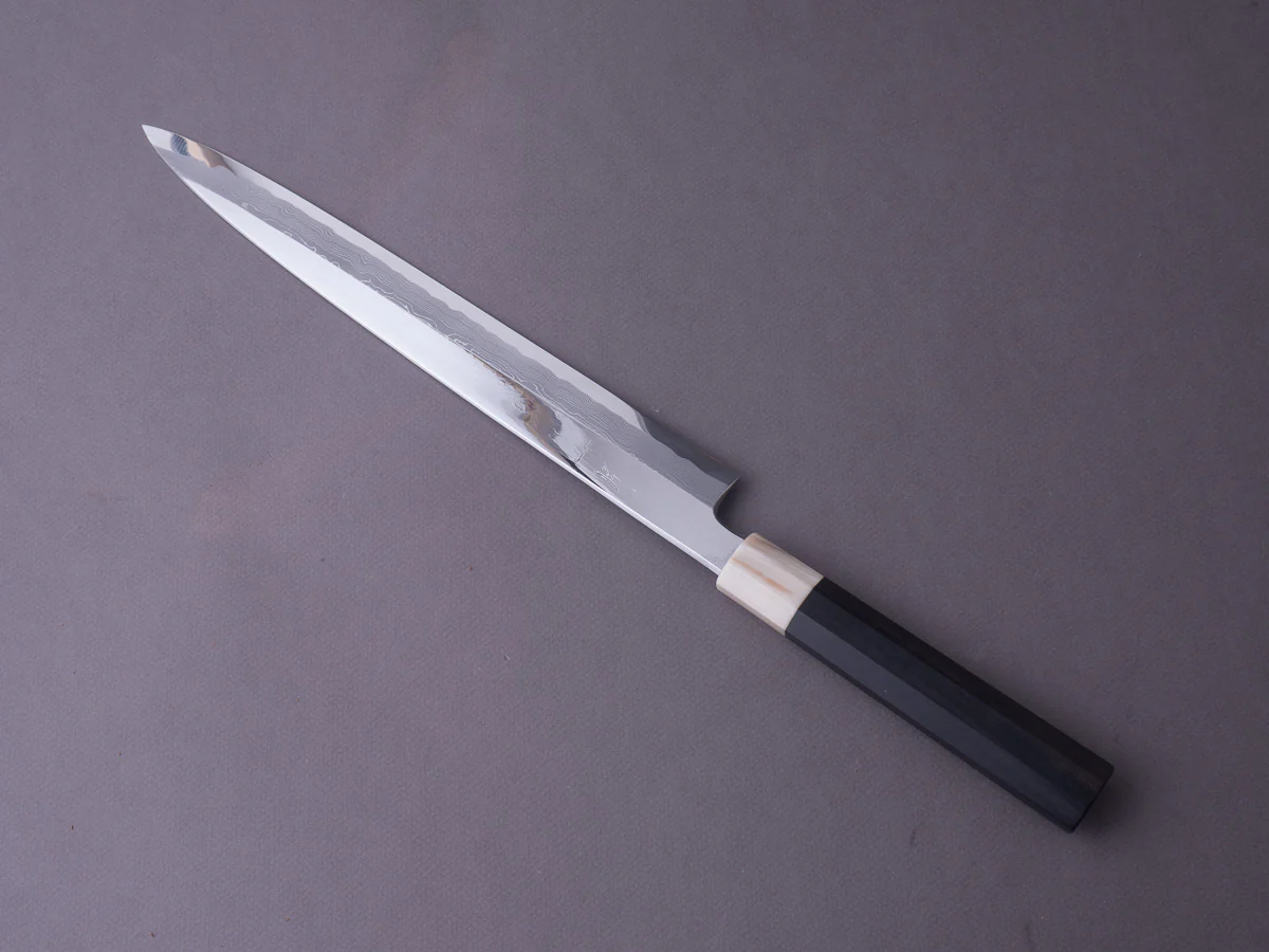 Hitohira - Kikuchiyo x Mosuke - White #1 Enmon Damascus - 300mm Yanagiba - Ebony Handle - Mirror Polished - Saya - Image 4