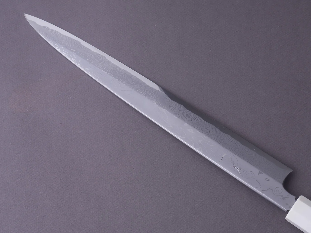 Hitohira - Kikuchiyo x Mosuke - White #1 Enmon Damascus - 300mm Yanagiba - Lacquered Handle - Image 5