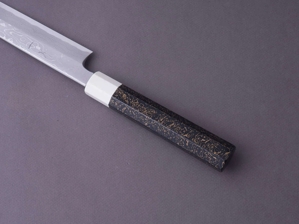 Hitohira - Kikuchiyo x Mosuke - White #1 Enmon Damascus - 300mm Yanagiba - Lacquered Handle - Image 7