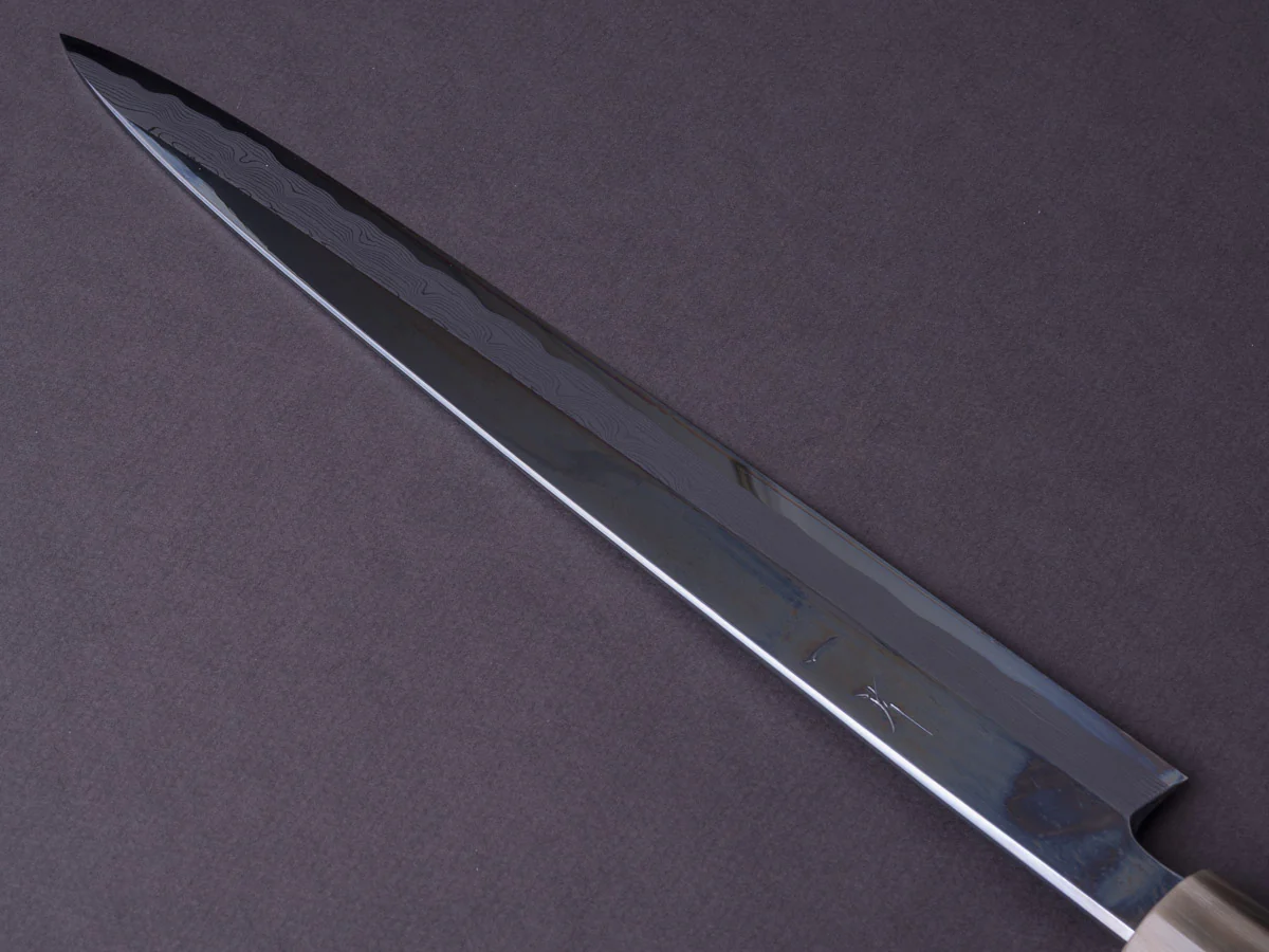 Hitohira - Kikuchiyo x Mosuke - White #1 Enmon Damascus - 300mm Yanagiba - Ziricote Handle - Mirror Polished - Saya - Image 3