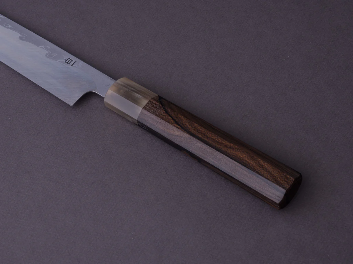 Hitohira - Kikuchiyo x Mosuke - White #1 Enmon Damascus - 300mm Yanagiba - Ziricote Handle - Mirror Polished - Saya - Image 5