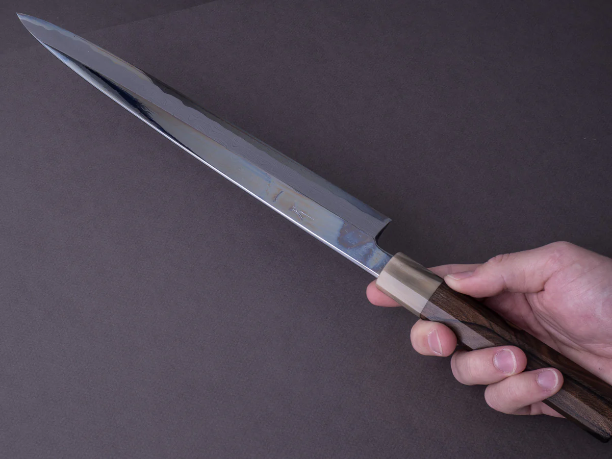 Hitohira - Kikuchiyo x Mosuke - White #1 Enmon Damascus - 300mm Yanagiba - Ziricote Handle - Mirror Polished - Saya - Image 7