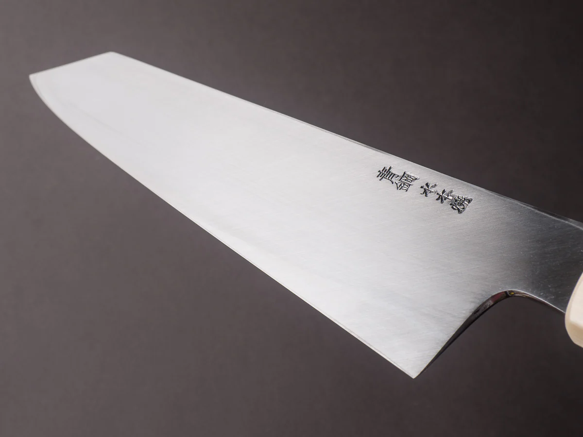 Hitohira - Kikuchiyo x Manzo - Blue #2 - Mizu Honyaki - 240mm Kiritsuke - Taihei Ebony Handle - Mirror Polished - Saya - Image 11