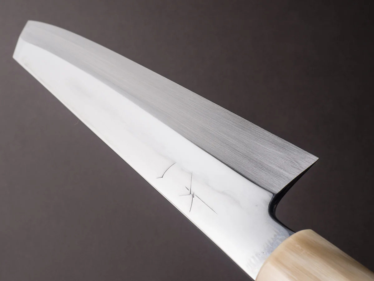 Hitohira - Kikuchiyo x Manzo - Blue #2 - Mizu Honyaki - 240mm Kiritsuke - Taihei Ebony Handle - Mirror Polished - Saya - Image 12
