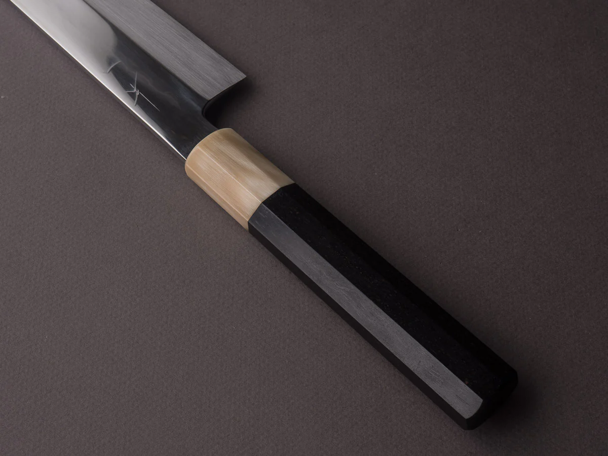 Hitohira - Kikuchiyo x Manzo - Blue #2 - Mizu Honyaki - 240mm Kiritsuke - Taihei Ebony Handle - Mirror Polished - Saya - Image 4