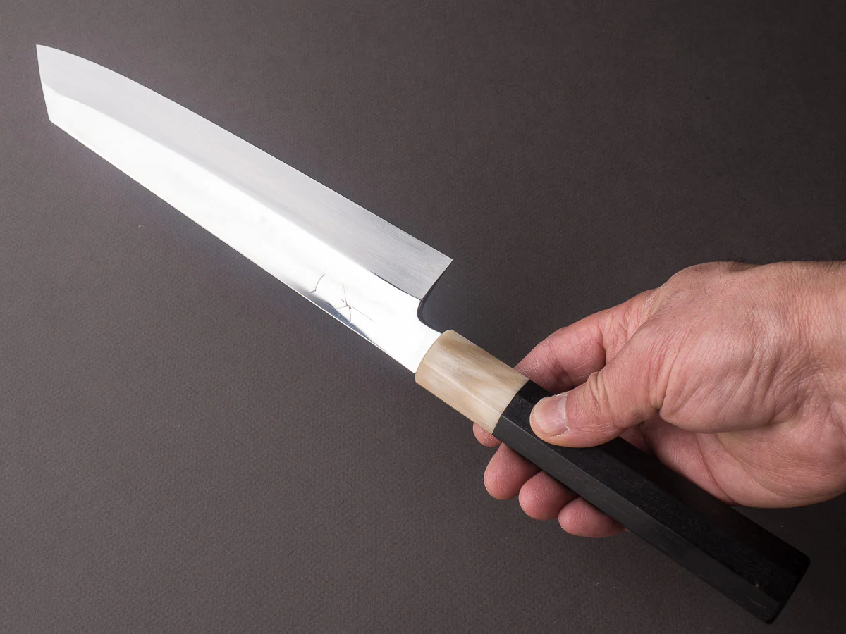 Hitohira - Kikuchiyo x Manzo - Blue #2 - Mizu Honyaki - 240mm Kiritsuke - Taihei Ebony Handle - Mirror Polished - Saya - Image 5